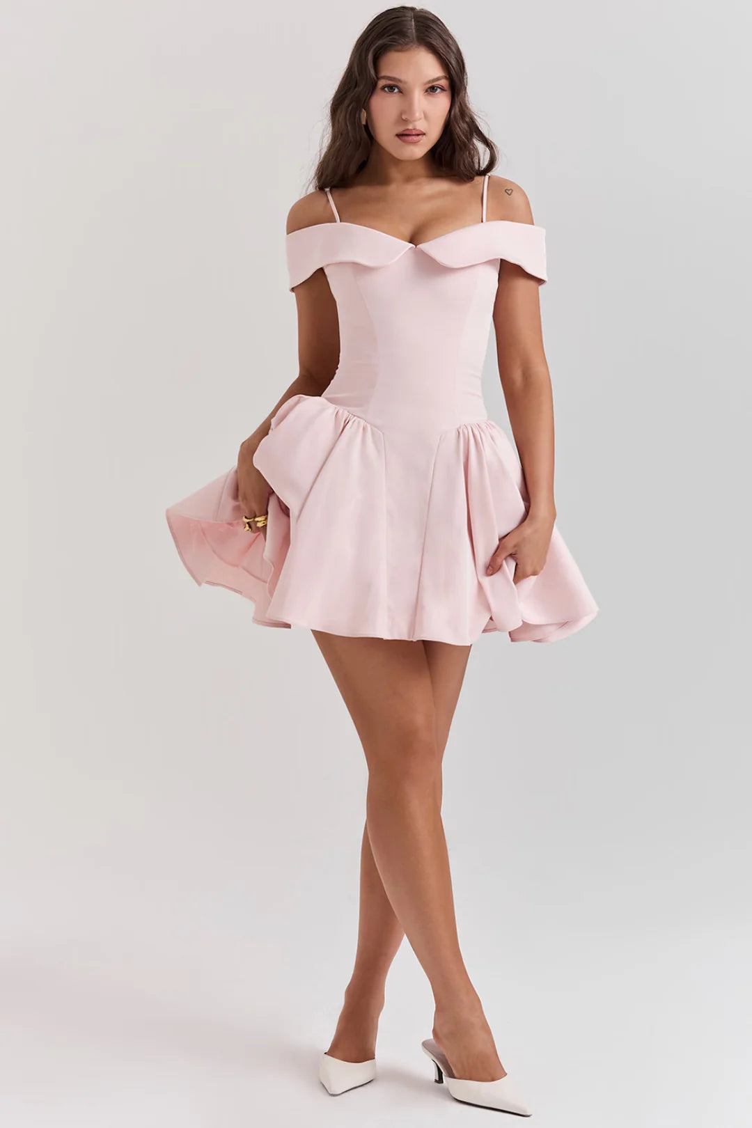 Vestido Curto Bailarina Off Shoulder Rosa Modelo Palermo