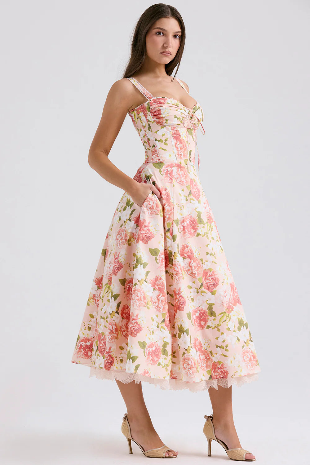 Vestido Midi Floral Bustier de Algodão Modelo Fasano