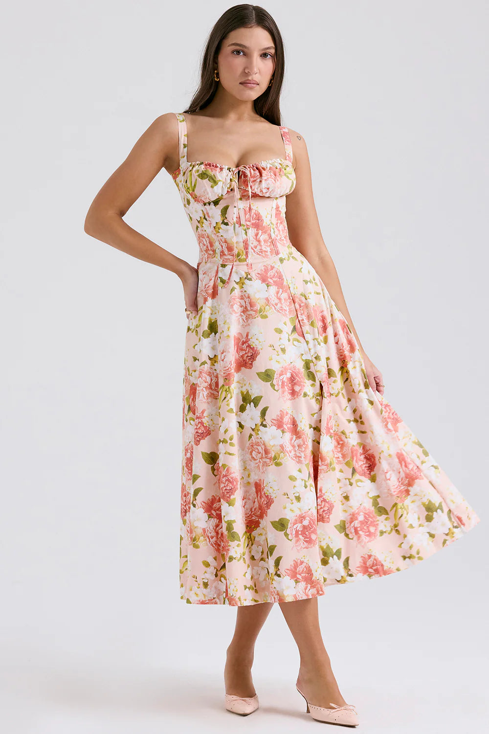 Vestido Midi Floral Bustier de Algodão Modelo Fidenza