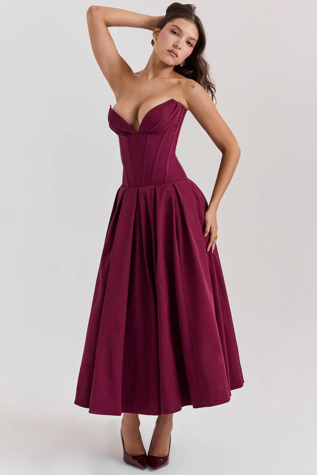 Vestido Midi Modelador Vinho Sem Alça Modelo Reno