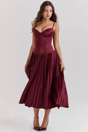 Vestido Midi Plissado Vinho Modelo Gallatare