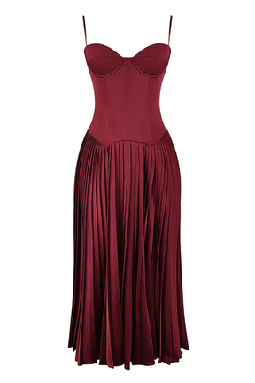 Vestido Midi Plissado Vinho Modelo Gallatare