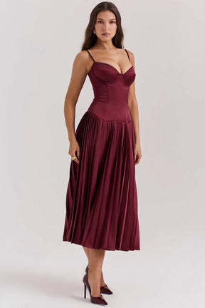 Vestido Midi Plissado Vinho Modelo Gallatare