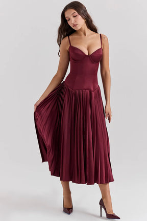 Vestido Midi Plissado Vinho Modelo Gallatare