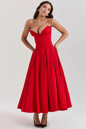 Vestido Midi Vermelho Sem Alça Modelo Cinisello