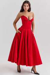 Vestido Midi Vermelho Sem Alça Modelo Cinisello