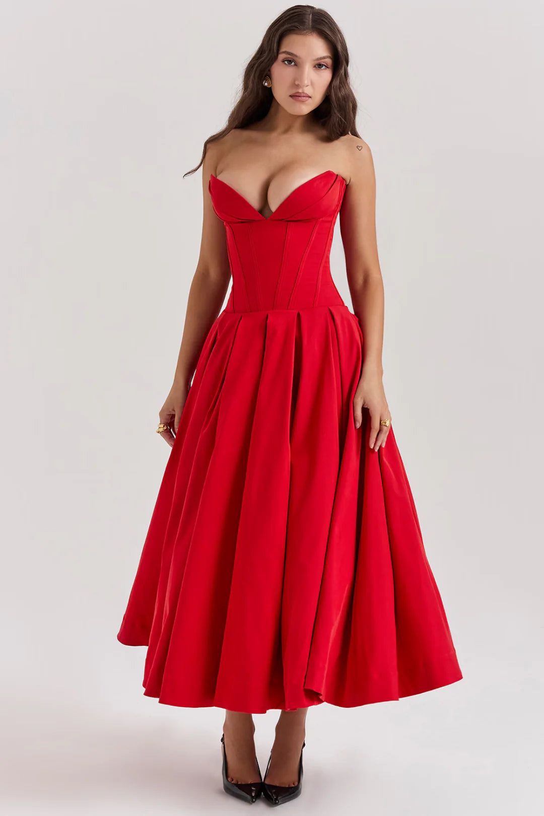 Vestido Midi Vermelho Sem Alça Modelo Cinisello