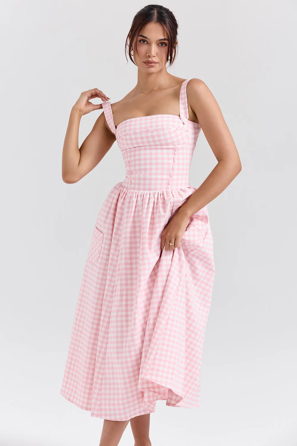 Vestido Midi Rosa Xadrez Biassono